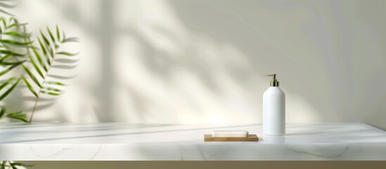 blur background of a bathroom counter with toothpaste and soap on a white marble table in a modern home