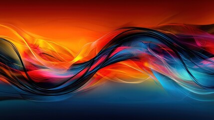  An abstract artwork depicting a wave of blue, orange, red, and yellow hues on a reddish-orange canvas