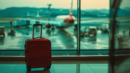 Suitcase, travel bag in airport. Airplane outside window. Travel background illustration generated by ai