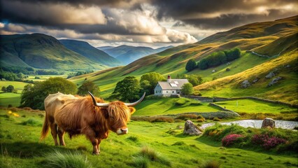Idyllic rural scene featuring a majestic Highland cow grazing in lush green meadows surrounded by rolling hills and rustic farm buildings in soft watercolor hues.