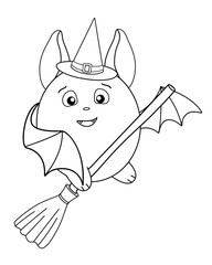 Cute fat bat in a magic hat flies on a broomstick - linear stock illustration for coloring. Bat, broom and witch hat - coloring book element.	