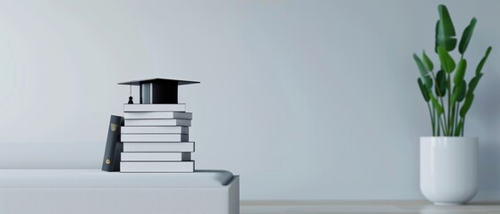 background for an online website, a stack of books with a graduation cap on top and a diploma next to it