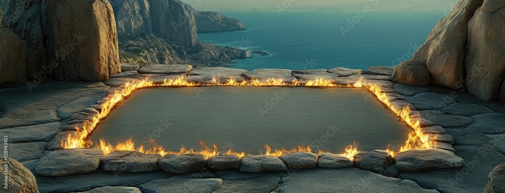 Poster dark black paper engulfed in flames on a rocky backdrop, creating an abstract design element with dy