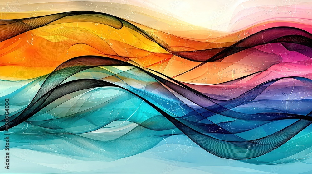 Poster multicolored abstract background with wavy lines, splashed paint at bottom