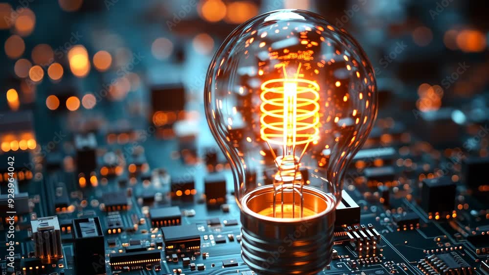 Poster light bulb standing on circuit board generating ideas