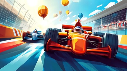 Naklejka premium Speed Champions - Exciting Cartoon Illustration of Heroic Race Car Team Winning Thrilling Race with Vibrant Details