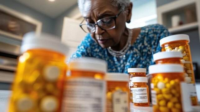 A senior woman carefully sorts through her collection of prescription bottles at home