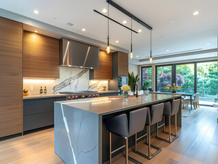 Modern Kitchen with Marble Countertops and Stainless Steel Appliances - Photo