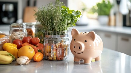 Obraz premium A piggy bank on a kitchen counter with grocery items, symbolizing household savings and budgeting.