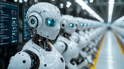 Fototapeta premium Humanoid robots perform repetitive tasks in manufacturing, increasing efficiency