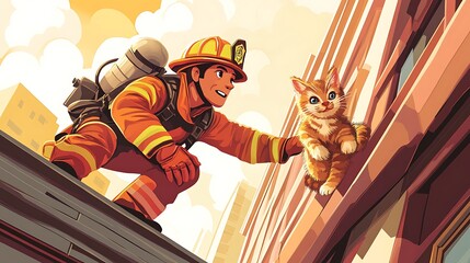 Heroic Firefighter Rescuing Kitten - Vibrant Cartoon Illustration of Brave Rescue Mission with Dramatic Details