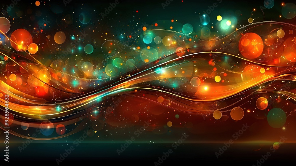 Poster a vibrant abstract design featuring overlapping circles and lines against a black backdrop incorpora