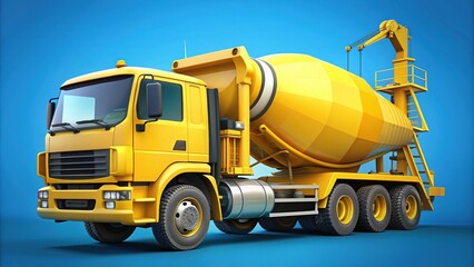 Naklejka premium Illustrated yellow truck with crane and cement mixer, set against a bright blue background, perfect for construction or building industry-related graphics and designs.