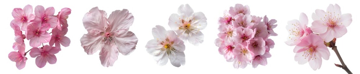 Collection set bunch bouquet of cherry blossom sakura flower floral on transparent cutout PNG. Many different angles. Mockup template artwork graphic design

