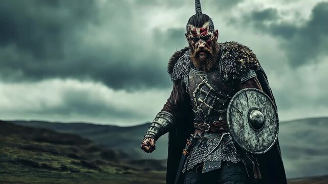Viking warrior running with shield on battlefield
