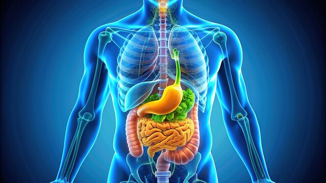 Illustration of a human digestive system with a detailed view of the gallbladder, pancreas, and surrounding organs in a bright, bold, and educational style.