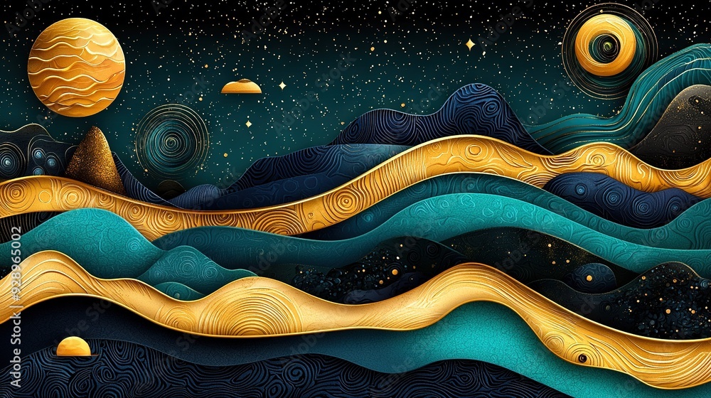 Poster a night scene depicted by mountain ranges and a full moon shining in the sky the background features