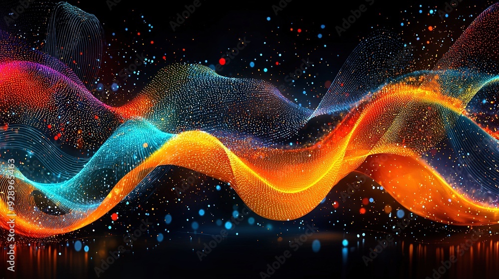 Poster a wave of orange and blue color on a black background with a light source at the top