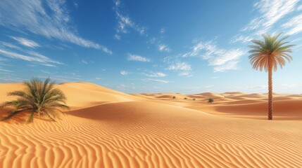Vast, arid desert, golden sand dunes, endless horizons, high quality, photorealistic, tranquil, remote, camel caravan, nomadic, breathtaking, clear blue sky, oasis, solitude