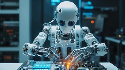 Fototapeta premium Robotics Engineer Assembling Sophisticated Robot with Advanced Tools in Realistic Scene