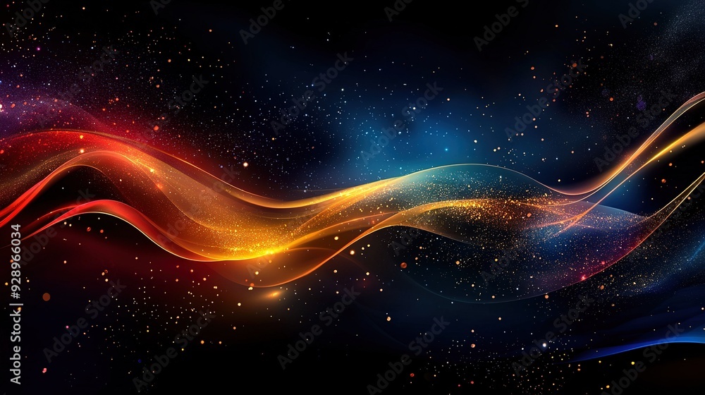 Poster an image of a vibrant wave against a black backdrop with space in between and celestial bodies adorn