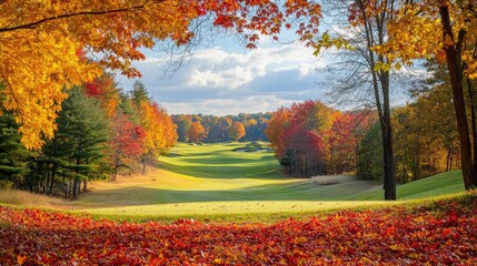 A scenic view of a golf course surrounded by autumn trees with colorful leaves, capturing the beauty of fall.