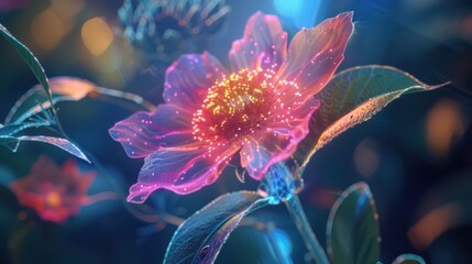 A vibrant, colorful flower with transparent petals set against a black background