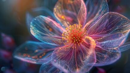 Fototapeta premium A vibrant, colorful flower with transparent petals set against a black background