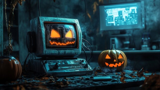 Creepy old computer with jack-o'-lantern in dark room.