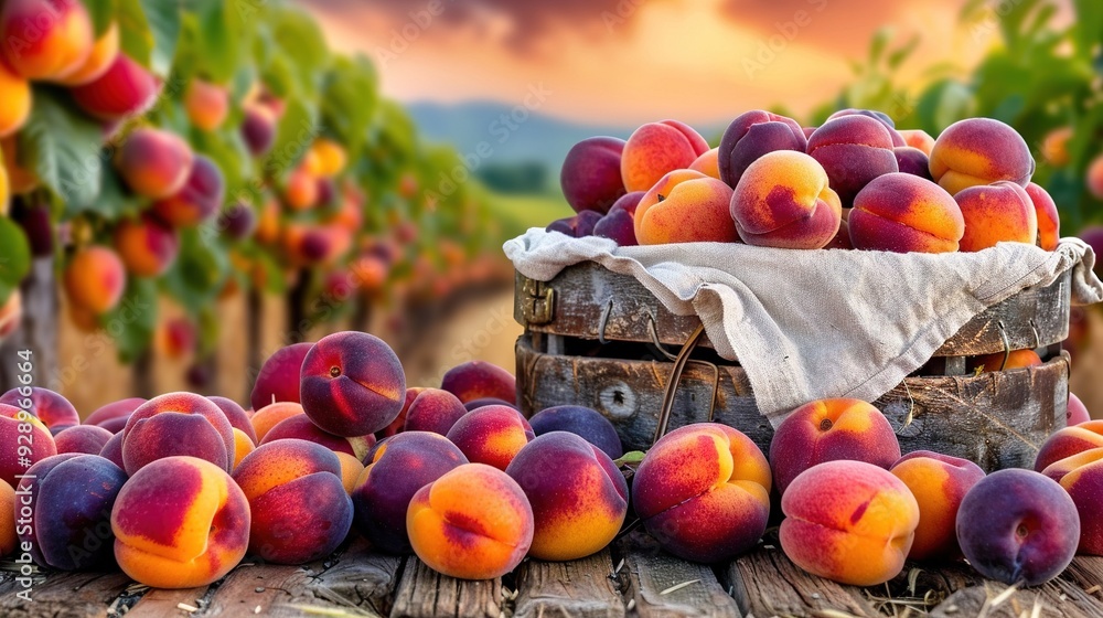 Poster a basket brimming with peaches rests near an array of peaches sprawled in the field