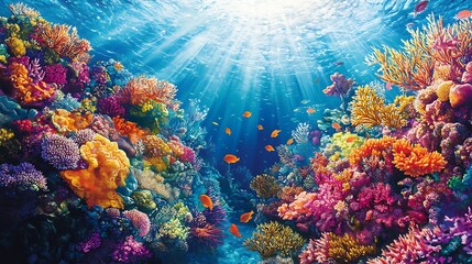 Naklejka premium Vibrant Coral Reef with Sunlight and Fish