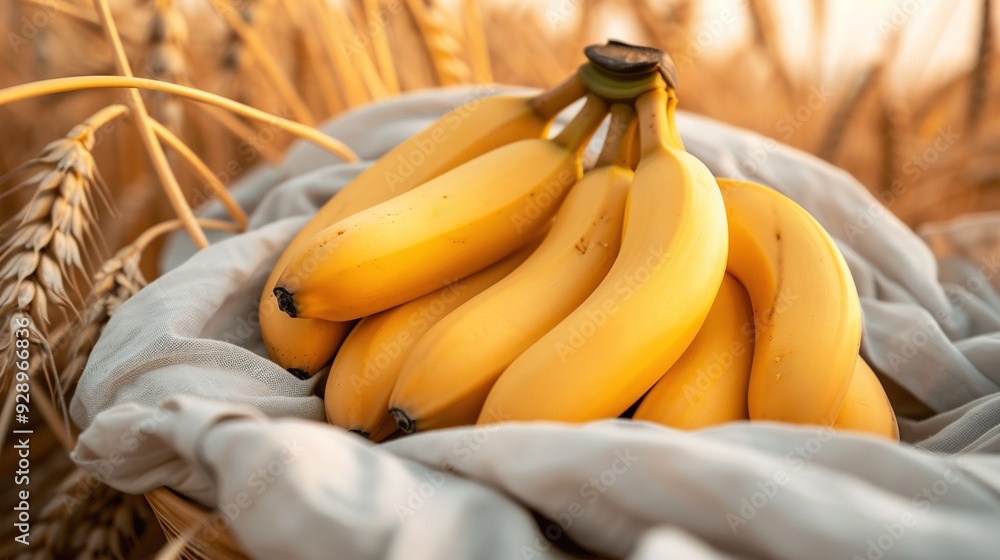 Aufkleber a close-up of several bananas in a basket with wheat ears in the foreground and a blurry background