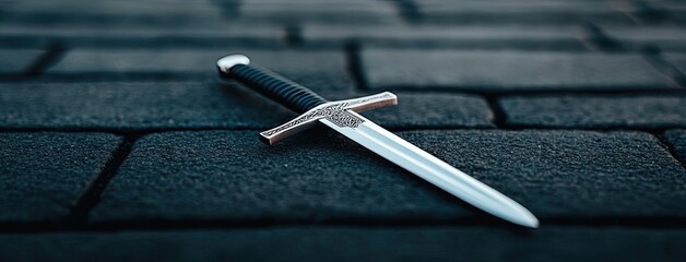 A legendary sword with a glowing red blade rests on the ground, radiating an enchanting neon light in a mystical medieval setting