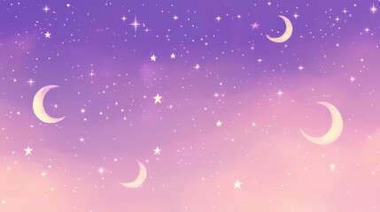 A dreamy night sky filled with stars and crescent moons in soft pastel colors.