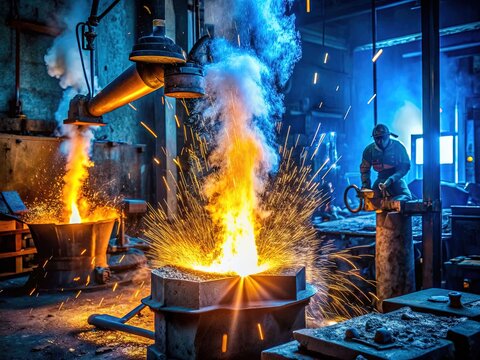 Intense flashes of light and sparks illuminate the dark workshop as molten metal glows bright blue, merging two metal elements together in a fiery union.