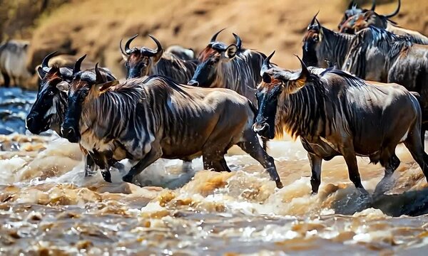 Wildebeest River Crossing: herd of wildebeest crossing a turbulent river in the African savanna. Witness the raw power and resilience of nature
