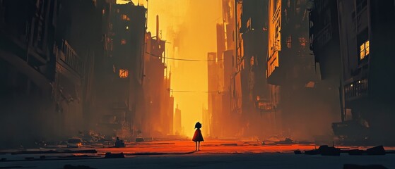 Fototapeta premium A solitary cartoon character walking through a deserted city, highlighting the overwhelming feeling of isolation and emptiness in a vast, empty world