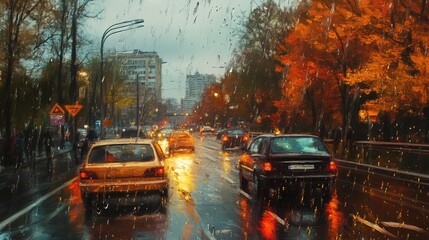 Obraz premium Autumn rain, road, cars, people view of the city center. The generation of AI