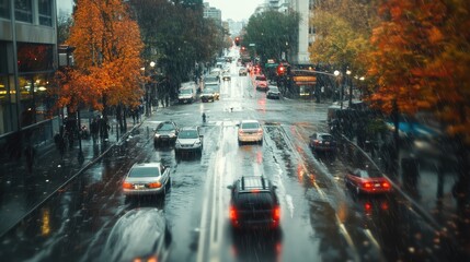 Autumn rain, road, cars, people view of the city center. The generation of AI