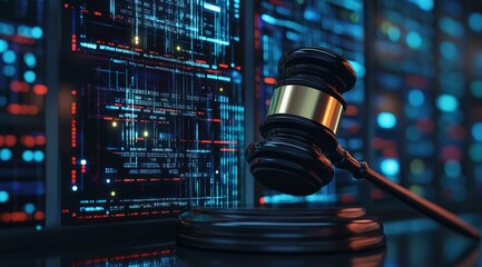 A judicial gavel rests prominently at the very forefront of a vibrant and hightech artificial intelligence data center, symbolizing the important intersection of law and advanced technology