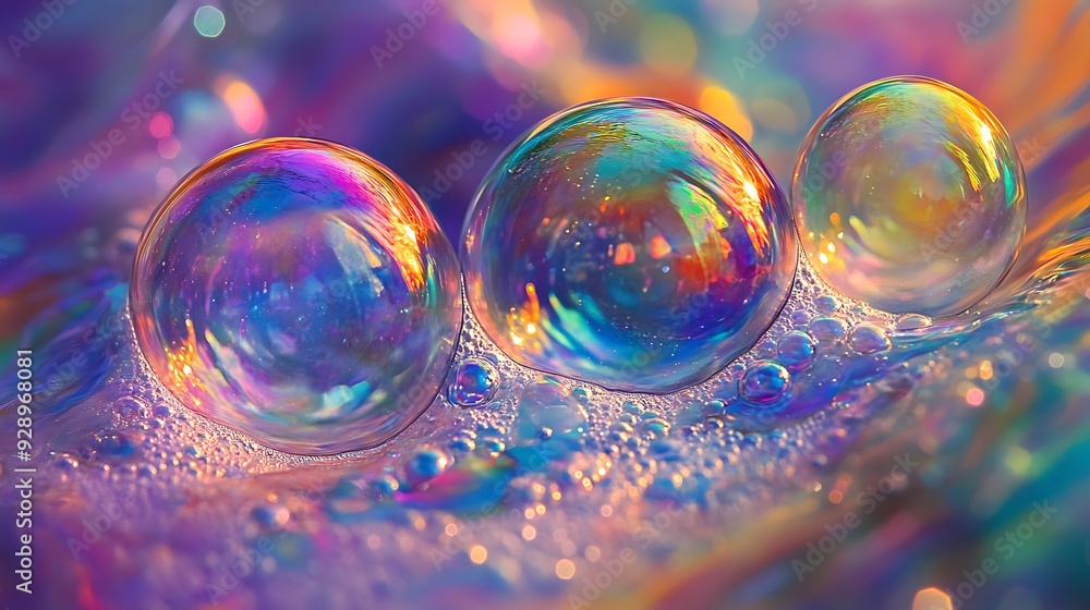 Poster three iridescent soap bubbles on a surface with a rainbow background