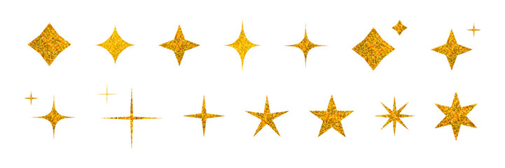 Gold glitter sparkle shiny textured stars set vector illustration isolated on transparent background. Glowing golden shimmer stickers, clip art for poster, banner Christmas and 2025 New Year design