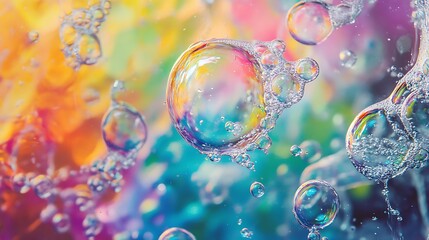 Close-up of iridescent soap bubbles against a colorful background