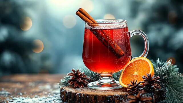 Glass of mulled wine warming on a snowy table is getting ready for christmas