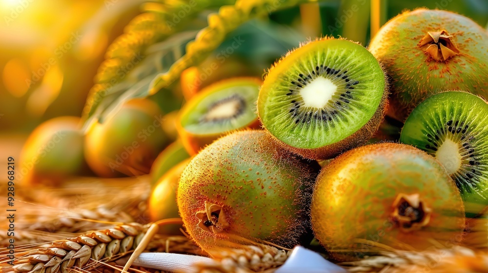 Poster a heap of kiwis resting atop a table alongside ears of wheat on another table