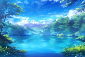 Serene Lake Illustration with Lush Green Forest and Blue Sky