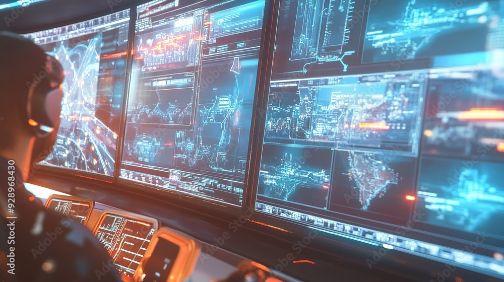 Poster technician monitoring data on multiple screens in a high-tech command center at night