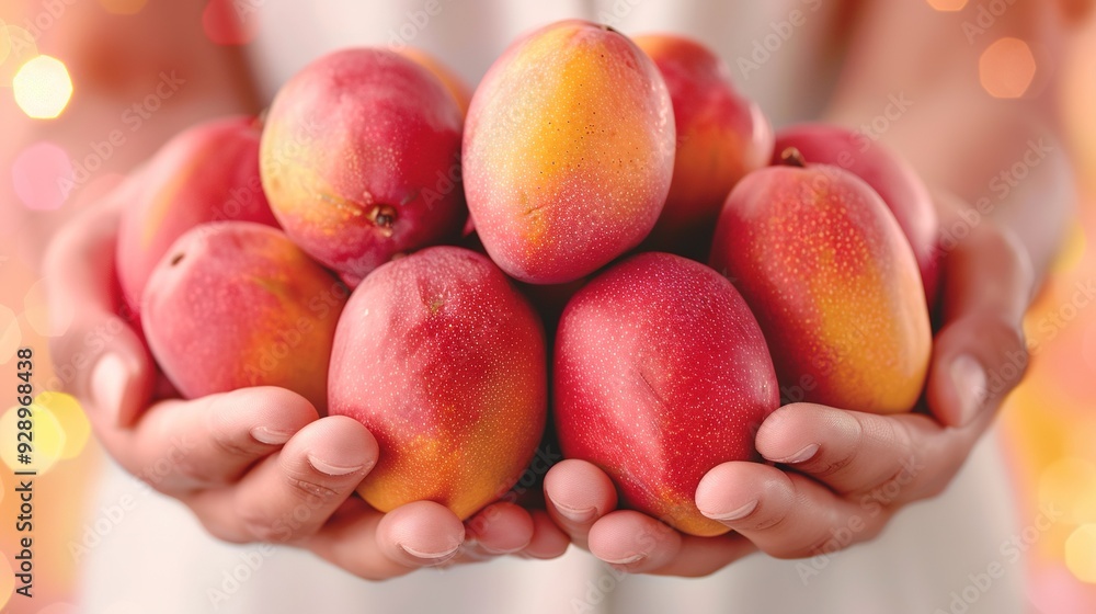 Poster a close-up photo of a person clutching multiple fruits with a hazy backdrop of light sources