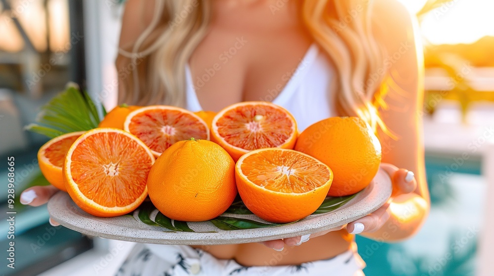 Wall mural   A woman holds an orange plate in front of a pool while another woman behind does the same