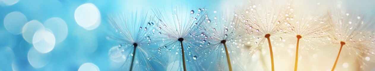 Obraz premium Ethereal Dandelion Seeds with Dewdrops: Creative Abstract Design on Blue Bokeh Background. Harmonious Blend of Nature and Culture for Luxury Scarves, Children's Books, and Decorative Art. Inspiring Wa